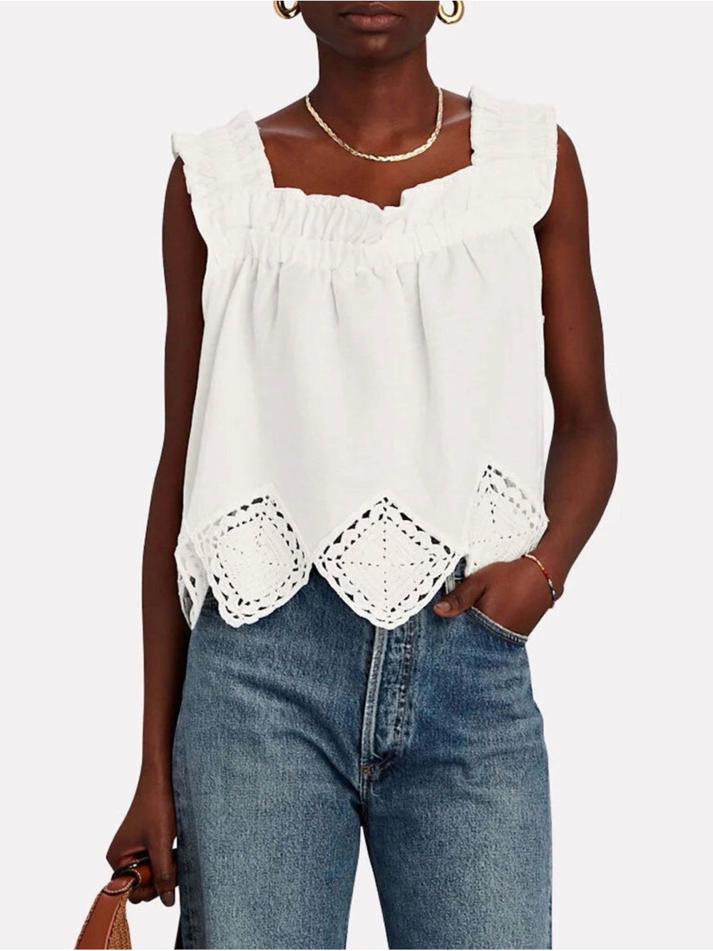 Sea New York White Vlada Crochet Hem Tank Top Ruffle Square Neck Ivory NY